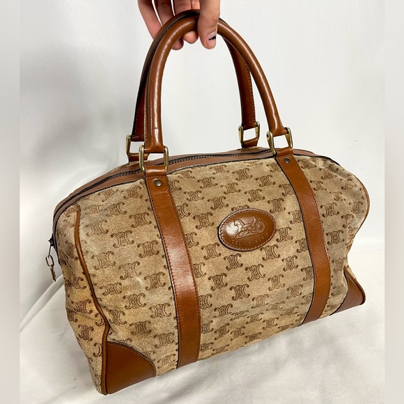 Celine | vintage brown/tan monogram suede-leather Horse Carriage boston bag - Picture 1 of 11